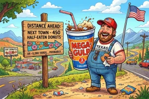 Explore 14 A funny cartoon showing American cultural stereotypes like giant sodas and strange measurements.