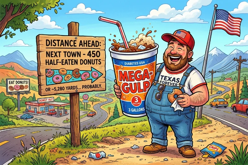 A funny cartoon showing American cultural stereotypes like giant sodas and strange measurements.