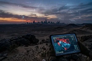 Explore 13 A conceptual image representing the shift from traditional to digital warfare in the Middle East.