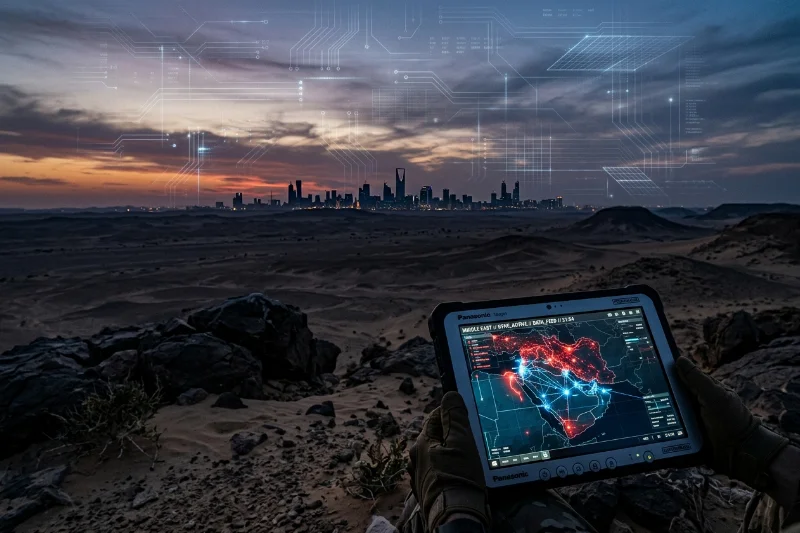 A conceptual image representing the shift from traditional to digital warfare in the Middle East.