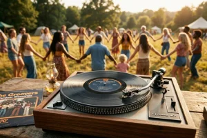 Explore 16 A vintage vinyl record player spinning a classic record, symbolizing the enduring legacy of peace and love music.