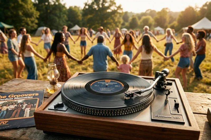 A vintage vinyl record player spinning a classic record, symbolizing the enduring legacy of peace and love music.