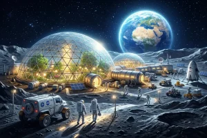 Explore 17 A futuristic lunar base with glowing domes and astronauts exploring the moon's surface under a blue Earth.