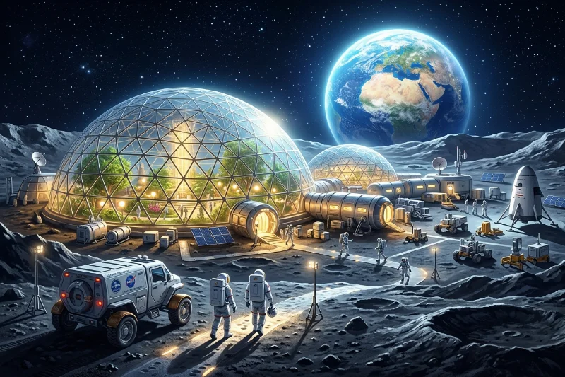 A futuristic lunar base with glowing domes and astronauts exploring the moon's surface under a blue Earth.