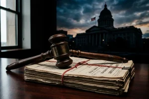 Explore 12 A wooden gavel on legal papers representing the court judgment against Donald Trump.