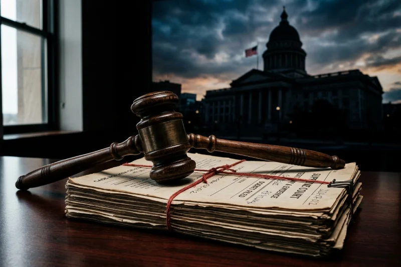 A wooden gavel on legal papers representing the court judgment against Donald Trump.