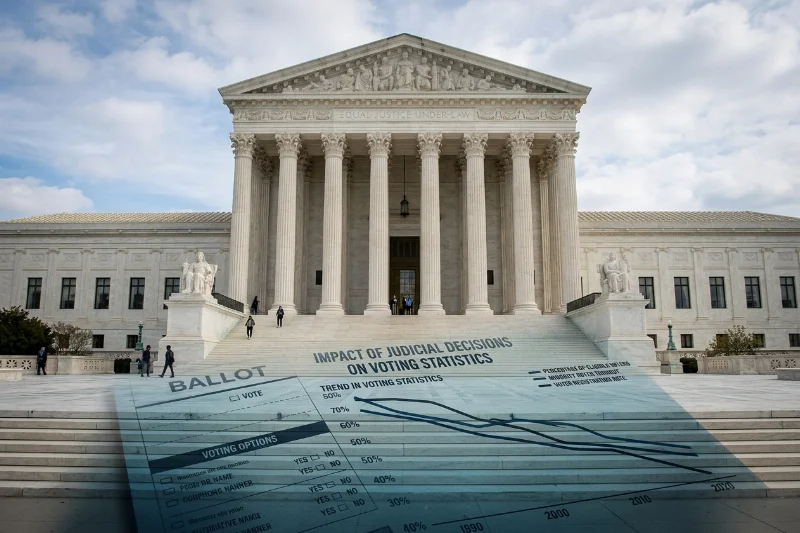 The U.S. Supreme Court building with a digital overlay of a voting ballot and statistical data charts.