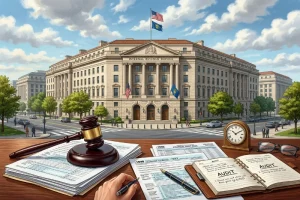 A legal gavel and tax documents positioned in front of the IRS headquarters.