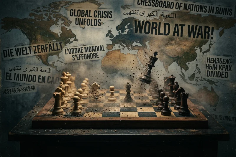 A symbolic representation of modern conflict as a decaying chessboard over a world map.