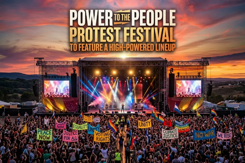 A large crowd at a protest music festival with banners and a sunset in the background.