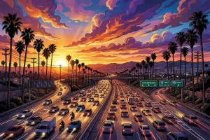 A vibrant California sunset over a busy highway with palm trees and urban sprawl.