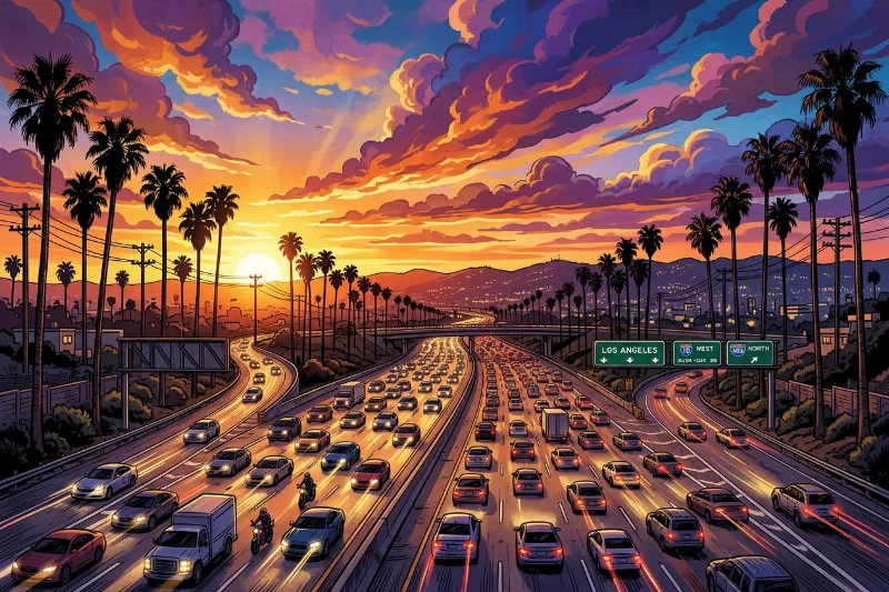 A vibrant California sunset over a busy highway with palm trees and urban sprawl.
