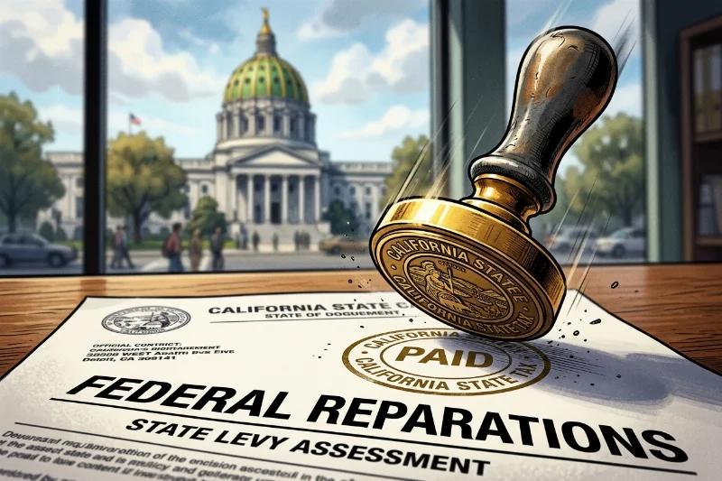 Conceptual image of California taxing federal reparations documents with a state seal.