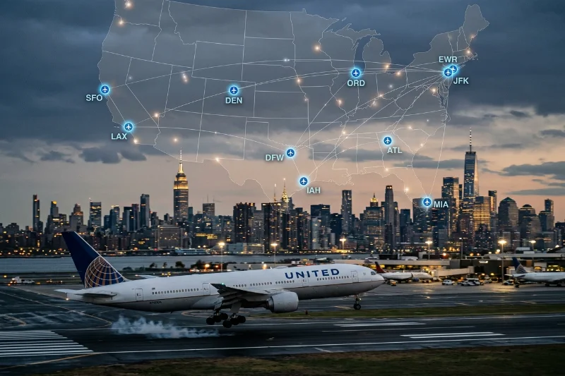 Commercial airplane landing at a large metropolitan airport with a city skyline.