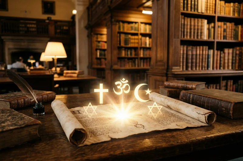 Religious symbols merging into a single light source on an ancient scroll.