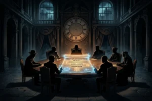 A conceptual image of a transparent, glowing treaty on a dark diplomatic table symbolizing the uncertainty of international deals.