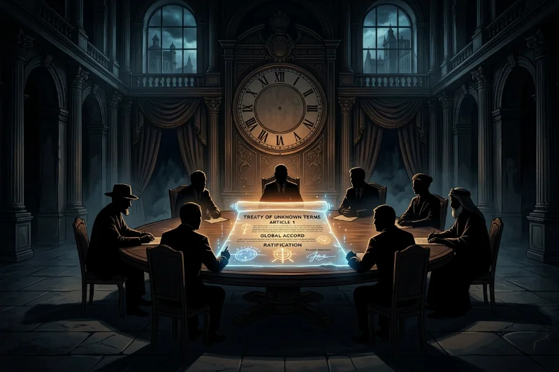 A conceptual image of a transparent, glowing treaty on a dark diplomatic table symbolizing the uncertainty of international deals.