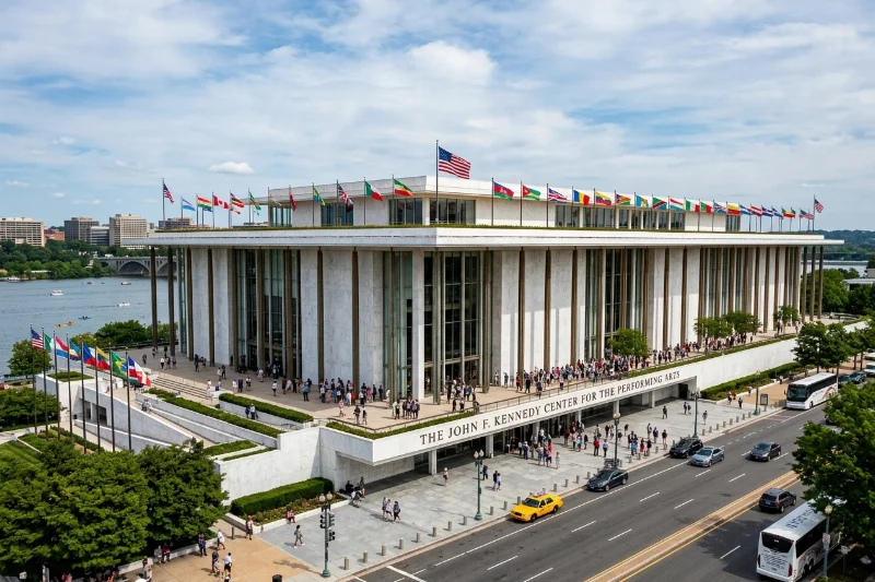 The exterior of the Kennedy Center in Washington D.C. with white marble walls and flags.