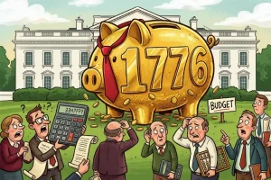 Satirical art of a 1776-shaped golden piggy bank with a red tie.