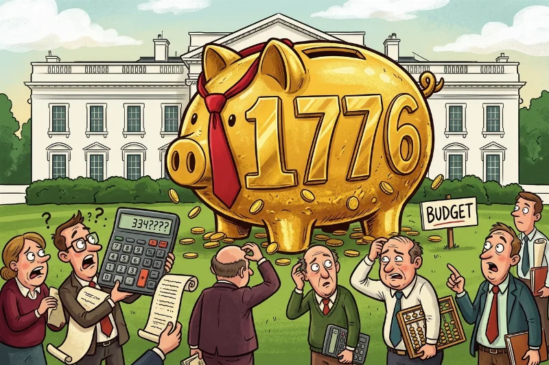 Satirical art of a 1776-shaped golden piggy bank with a red tie.