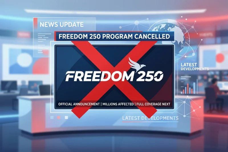 A digital graphic showing the Freedom 250 logo with a cancellation mark over it.