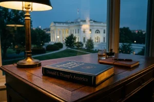 A book titled Donald J. Trump's America on a wooden desk with the White House in the background.