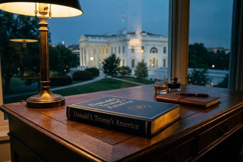 A book titled Donald J. Trump's America on a wooden desk with the White House in the background.