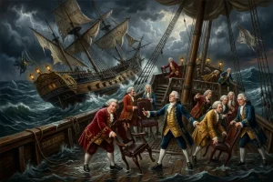 Satirical oil painting of politicians rearranging chairs on a sinking ship representing the state.