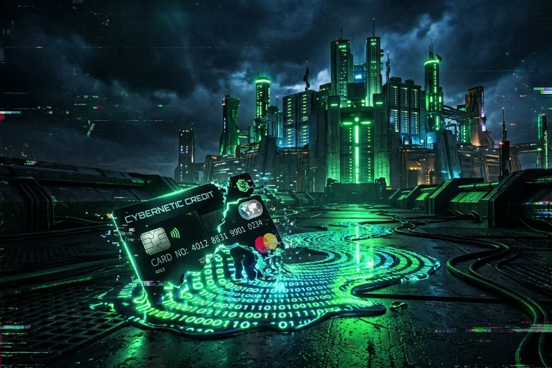 A melting credit card transforming into binary code in front of a dark, fortress-like data center.