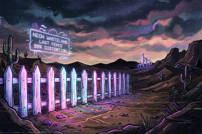 A glitchy white picket fence in a desolate landscape under a purple sky.