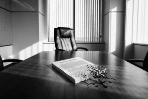 Explore 9 A cold, empty boardroom table with digital code and oil leaking from a legal document.