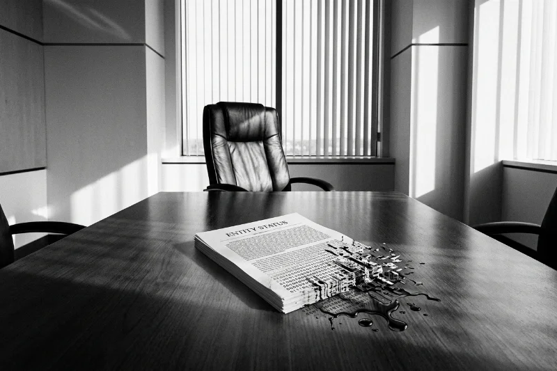 A cold, empty boardroom table with digital code and oil leaking from a legal document.
