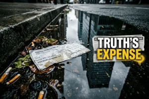 Explore 19 A crumpled multi-million dollar check in a city gutter reflecting a media skyscraper.