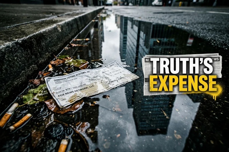 A crumpled multi-million dollar check in a city gutter reflecting a media skyscraper.