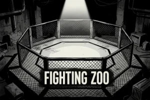 A dramatic, high-contrast shot of an empty MMA cage under a spotlight, emphasizing the chain-link fence and a gritty, dark atmosphere.