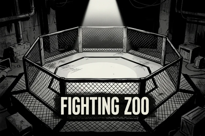 A dramatic, high-contrast shot of an empty MMA cage under a spotlight, emphasizing the chain-link fence and a gritty, dark atmosphere.