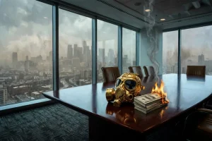 A luxury corporate boardroom overlooking a smog-filled industrial wasteland with a gold gas mask on the table.