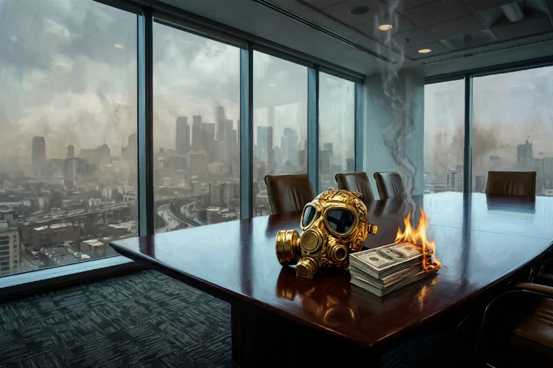 A luxury corporate boardroom overlooking a smog-filled industrial wasteland with a gold gas mask on the table.