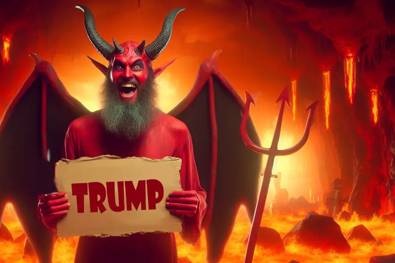 Satan holding a welcome sign that says Trump