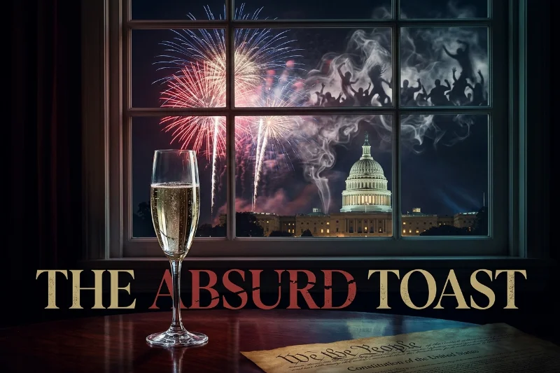 A cynical artistic representation of July 4th fireworks over the US Capitol with symbolic smoke clouds.